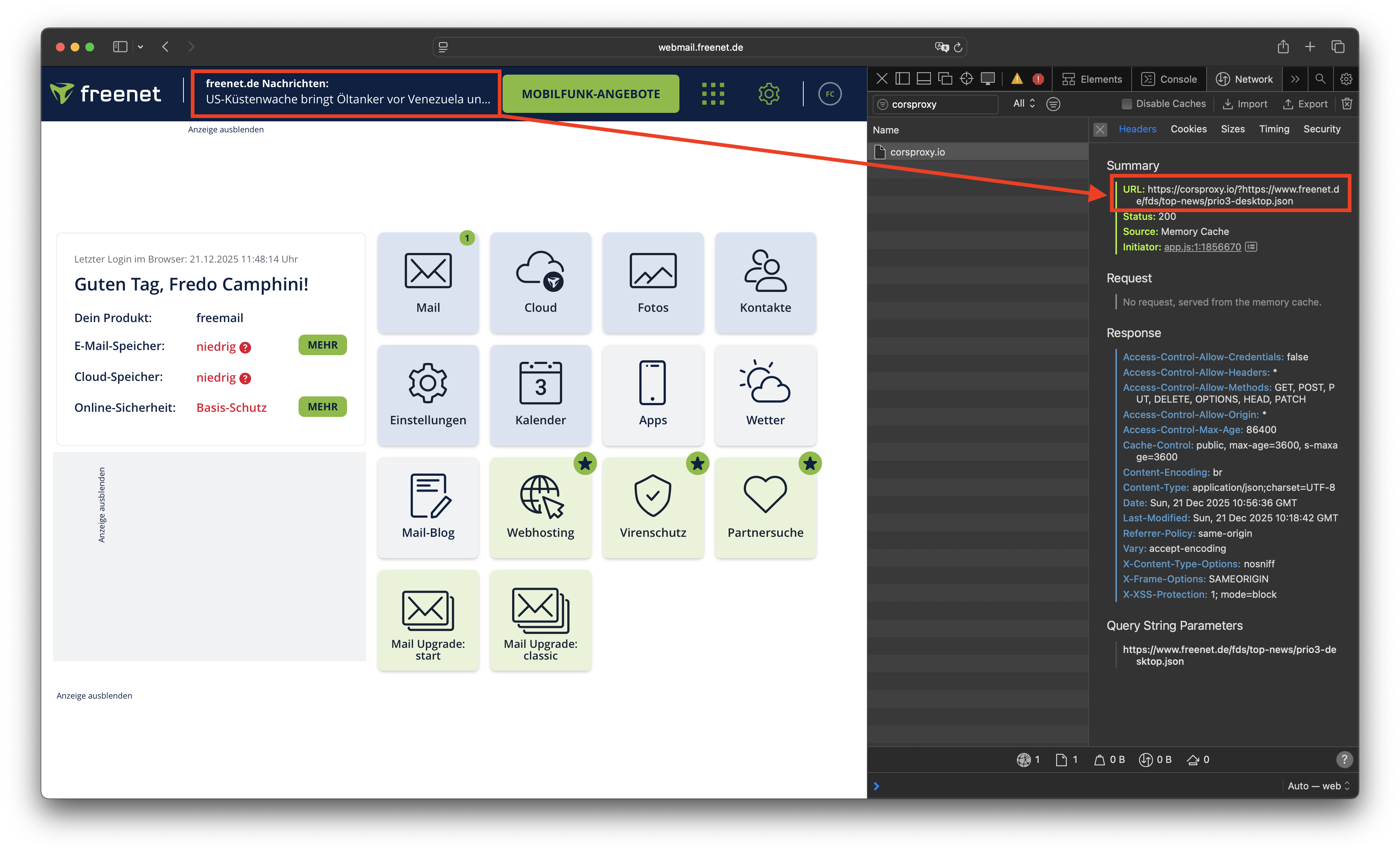 Freenet Webmail Dashboard showing CorsProxy.io integration